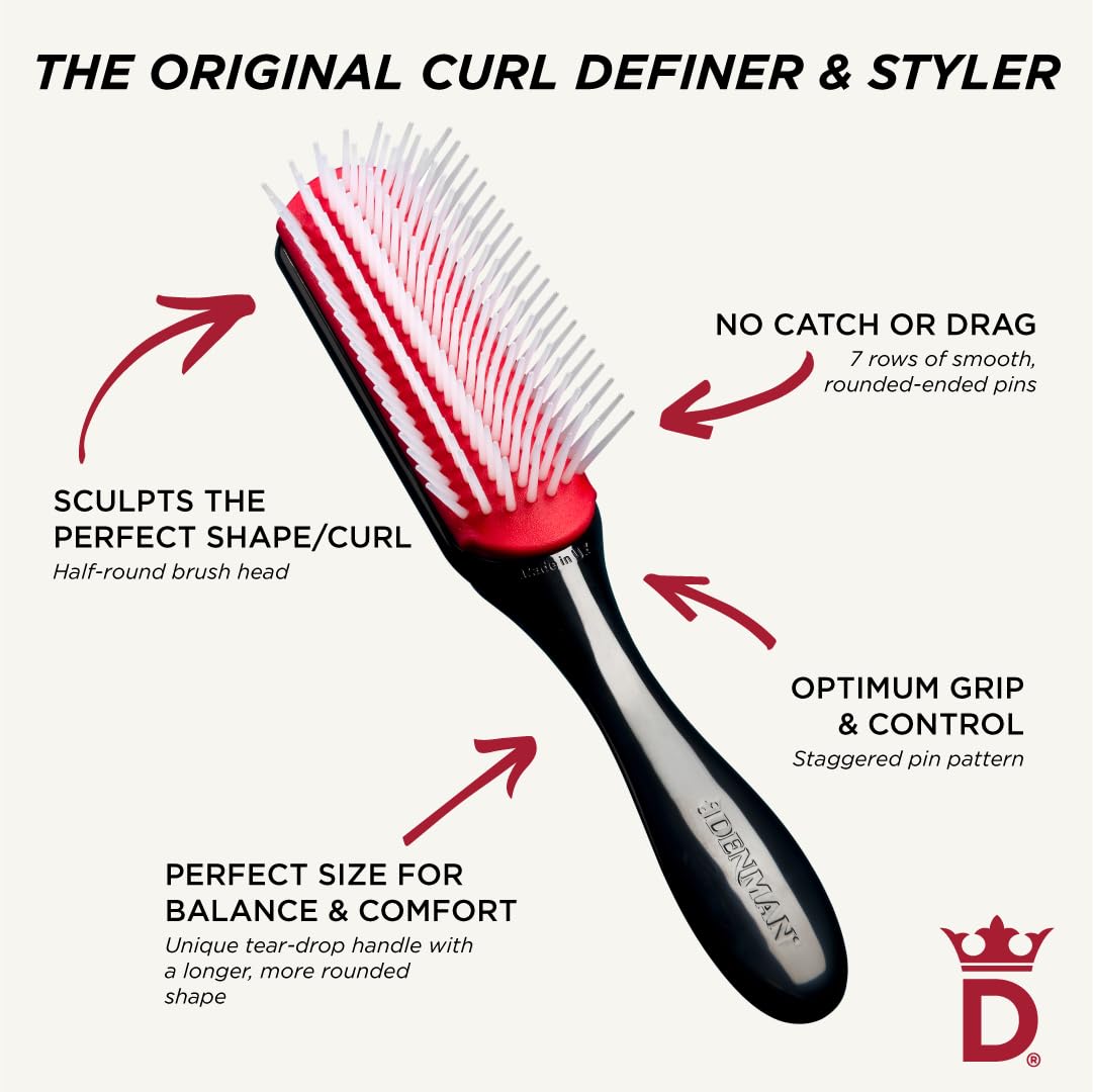 Denman Curly Hair Brush D3 (Black & Red) 7 Row Styling Brush for Detangling, Separating, Shaping and Defining Curls - For Women and Men-The Mainhair Shop