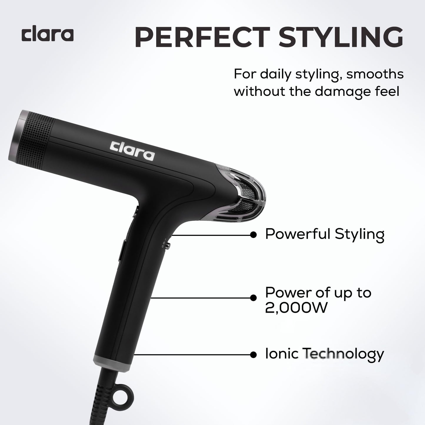 Clara Ionic Shine-Boost Power Blow Dryer With Anti-Flyaway Technology – Fast-Drying Hair Dryer With 3 Heat & Power Settings – Hairdryer With Auto-Cleaning & Travel Case, Black