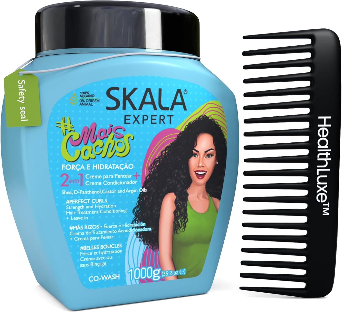 SKALA Mais Cachos Curly Hair Treatment 3ABC - Anti-Frizz, 2-in-1 Conditioning & Detangling Cream, Vegan, 1kg with Wide Tooth Hair Comb - Moisturising,-The Mainhair Shop