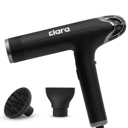 Clara Ionic Shine-Boost Power Blow Dryer With Anti-Flyaway Technology – Fast-Drying Hair Dryer With 3 Heat & Power Settings – Hairdryer With Auto-Cleaning & Travel Case, Black