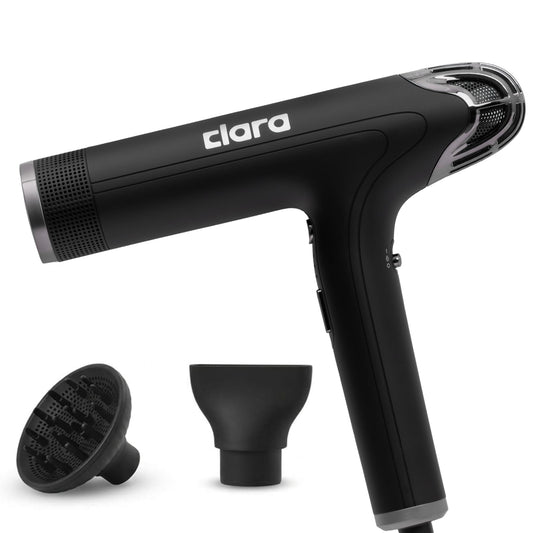 Clara Ionic Shine-Boost Power Blow Dryer With Anti-Flyaway Technology – Fast-Drying Hair Dryer With 3 Heat & Power Settings – Hairdryer With Auto-Cleaning & Travel Case, Black