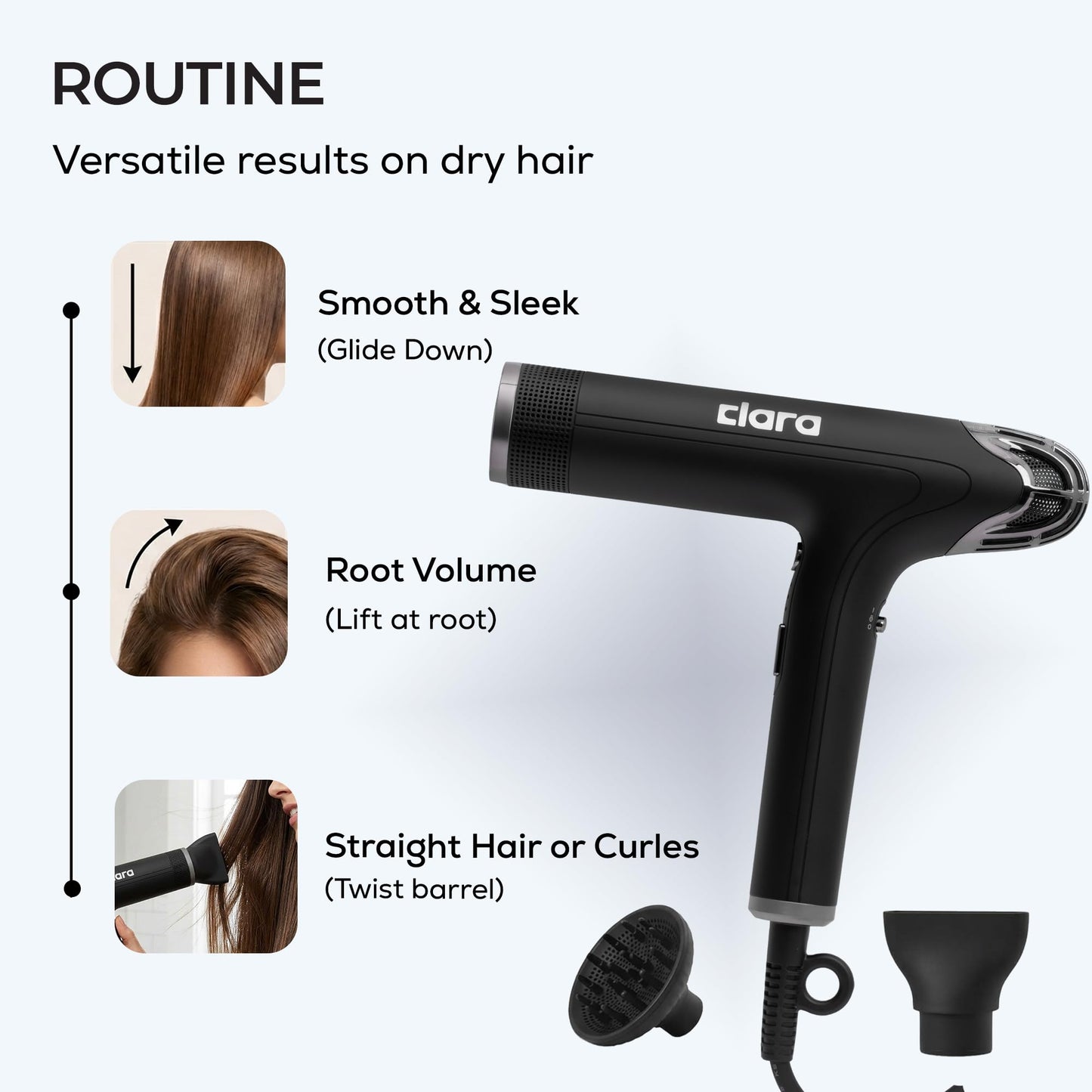 Clara Ionic Shine-Boost Power Blow Dryer With Anti-Flyaway Technology – Fast-Drying Hair Dryer With 3 Heat & Power Settings – Hairdryer With Auto-Cleaning & Travel Case, Black