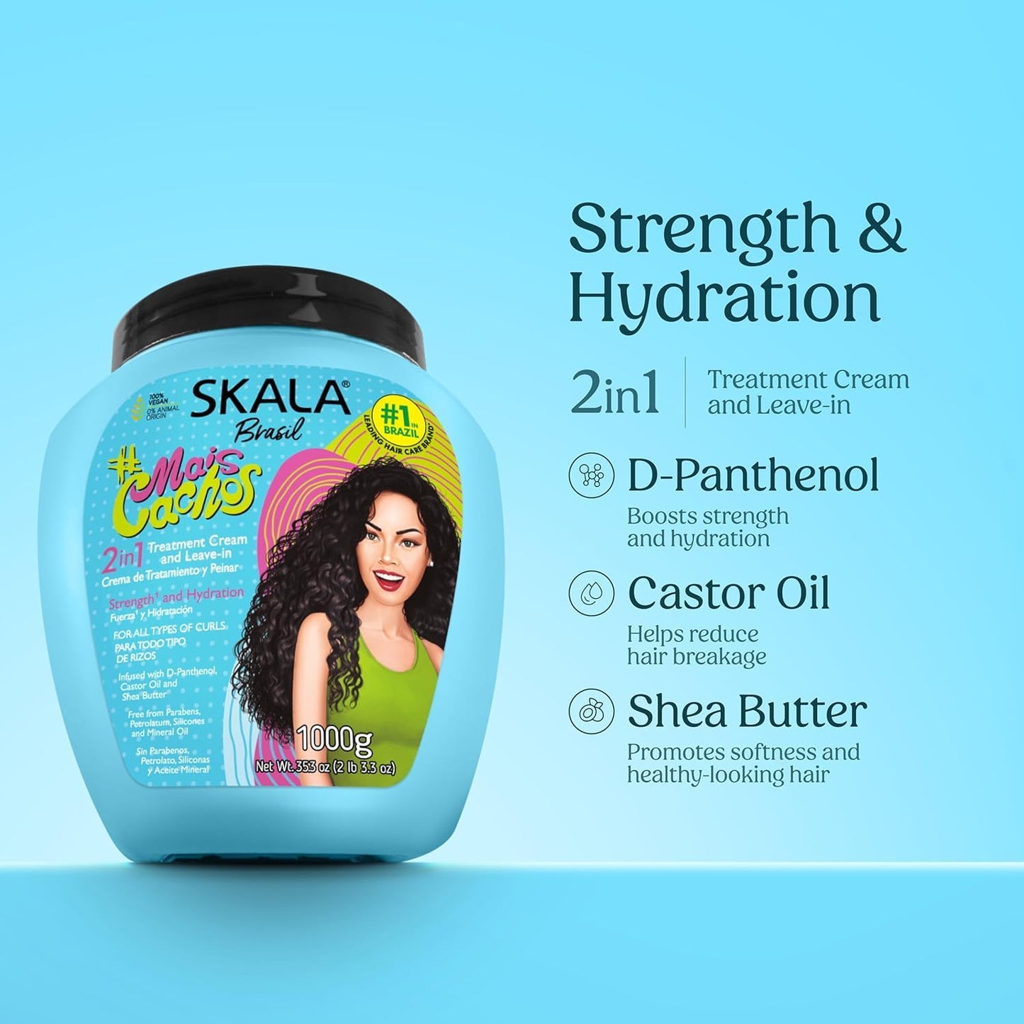 SKALA Mais Cachos Curly Hair Treatment 3ABC - Anti-Frizz, 2-in-1 Conditioning & Detangling Cream, Vegan, 1kg with Wide Tooth Hair Comb - Moisturising, Hydrating, Curl Defining, Sulfate/Silicone Free
