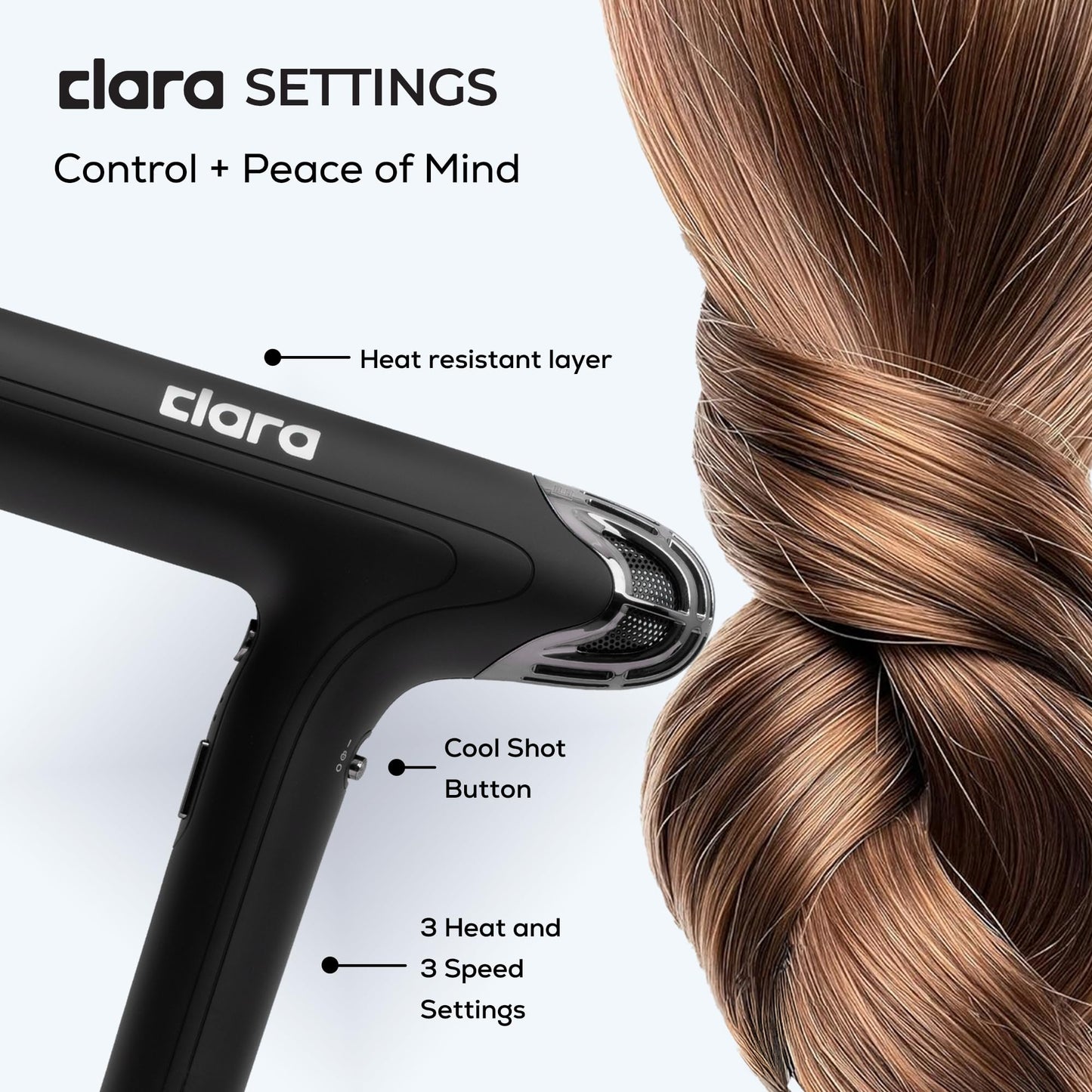 Clara Ionic Shine-Boost Power Blow Dryer With Anti-Flyaway Technology – Fast-Drying Hair Dryer With 3 Heat & Power Settings – Hairdryer With Auto-Cleaning & Travel Case, Black