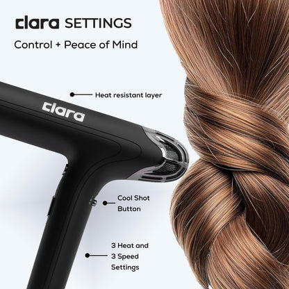 Clara Ionic Shine-Boost Power Blow Dryer With Anti-Flyaway Technology – Fast-Drying Hair Dryer With 3 Heat & Power Settings – Hairdryer With Auto-Cleaning & Travel Case, Black