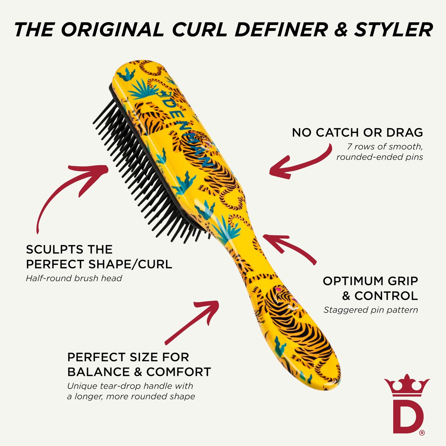 Denman Curly Hair Brush D3 (Black & Red) 7 Row Styling Brush for Detangling, Separating, Shaping and Defining Curls - For Women and Men-The Mainhair Shop